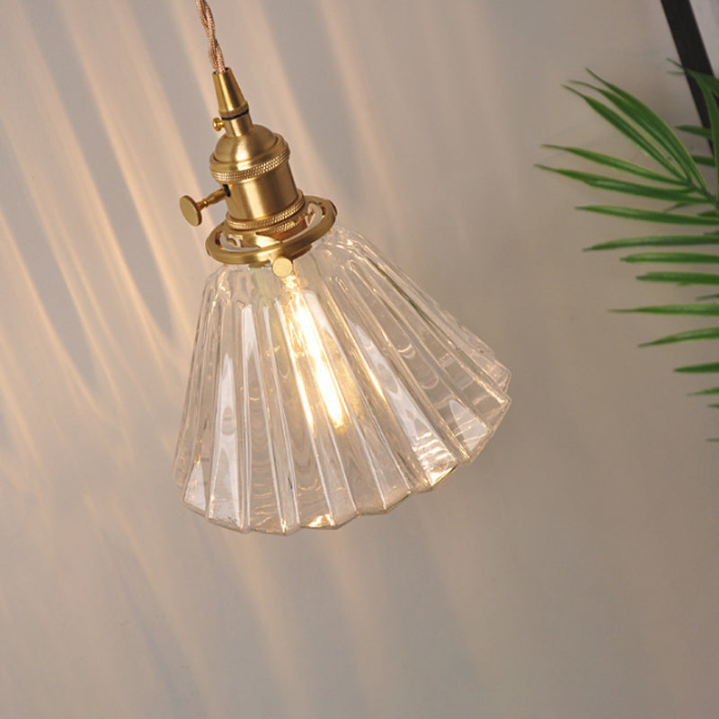 Bowl/Cylinder Bedside Wall Lighting Antique Clear Prismatic/Wavy Glass 1 Bulb Brass Wall Hanging Lamp with Rotary Switch