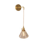 Bowl/Cylinder Bedside Wall Lighting Antique Clear Prismatic/Wavy Glass 1 Bulb Brass Wall Hanging Lamp with Rotary Switch