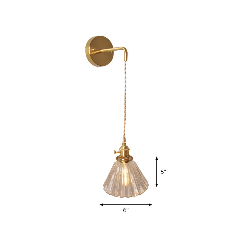 Bowl/Cylinder Bedside Wall Lighting Antique Clear Prismatic/Wavy Glass 1 Bulb Brass Wall Hanging Lamp with Rotary Switch
