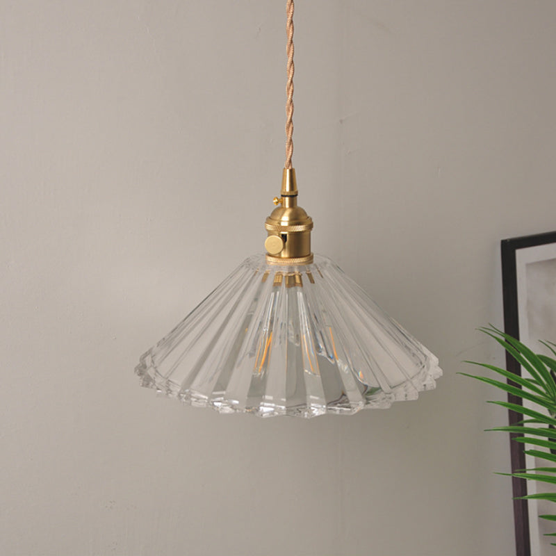 Bowl/Cylinder Bedside Wall Lighting Antique Clear Prismatic/Wavy Glass 1 Bulb Brass Wall Hanging Lamp with Rotary Switch