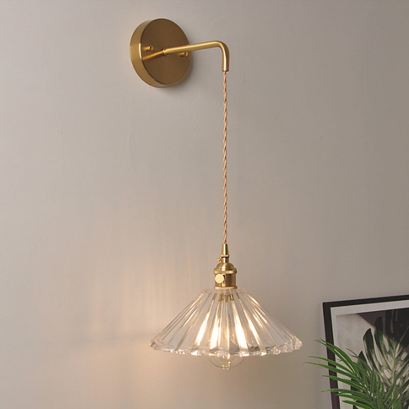 Bowl/Cylinder Bedside Wall Lighting Antique Clear Prismatic/Wavy Glass 1 Bulb Brass Wall Hanging Lamp with Rotary Switch