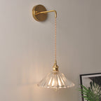 Bowl/Cylinder Bedside Wall Lighting Antique Clear Prismatic/Wavy Glass 1 Bulb Brass Wall Hanging Lamp with Rotary Switch