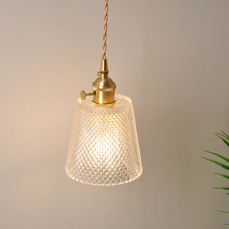 Bowl/Cylinder Bedside Wall Lighting Antique Clear Prismatic/Wavy Glass 1 Bulb Brass Wall Hanging Lamp with Rotary Switch