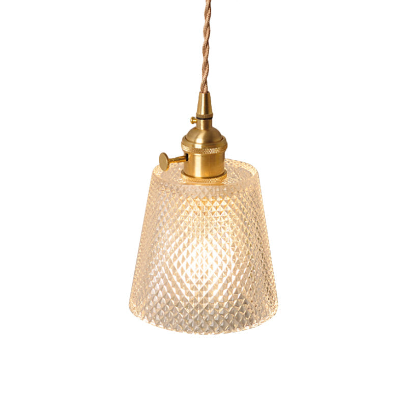 Bowl/Cylinder Bedside Wall Lighting Antique Clear Prismatic/Wavy Glass 1 Bulb Brass Wall Hanging Lamp with Rotary Switch