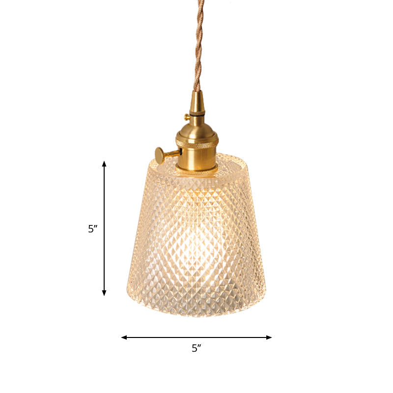 Bowl/Cylinder Bedside Wall Lighting Antique Clear Prismatic/Wavy Glass 1 Bulb Brass Wall Hanging Lamp with Rotary Switch