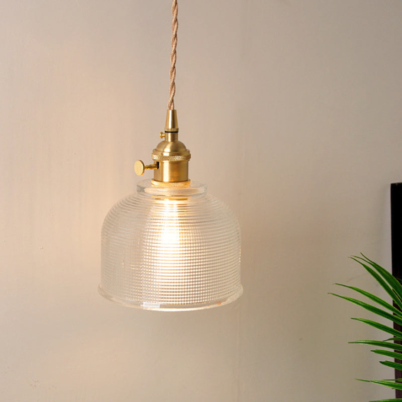 Bowl/Cylinder Bedside Wall Lighting Antique Clear Prismatic/Wavy Glass 1 Bulb Brass Wall Hanging Lamp with Rotary Switch