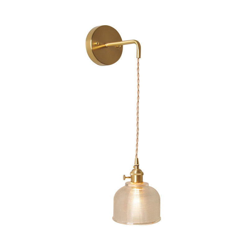 Bowl/Cylinder Bedside Wall Lighting Antique Clear Prismatic/Wavy Glass 1 Bulb Brass Wall Hanging Lamp with Rotary Switch