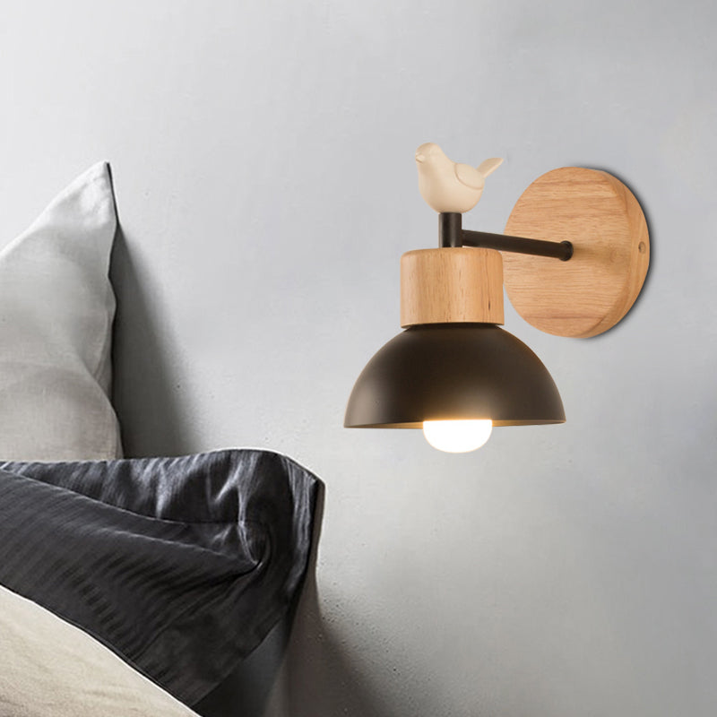 Nordic Style Sconce Light Dome 1 Bulb Metal & Wood Wall Light with Bird for Kid Bedroom