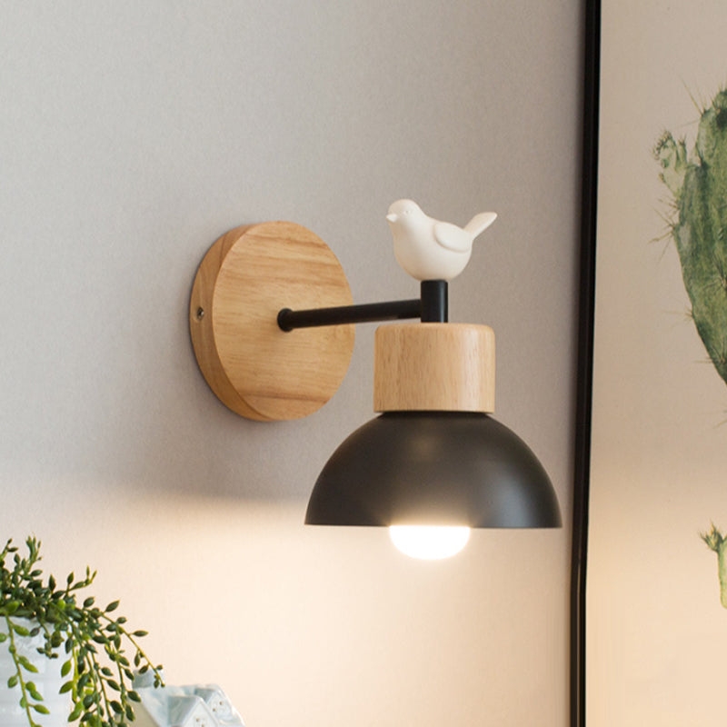 Nordic Style Sconce Light Dome 1 Bulb Metal & Wood Wall Light with Bird for Kid Bedroom