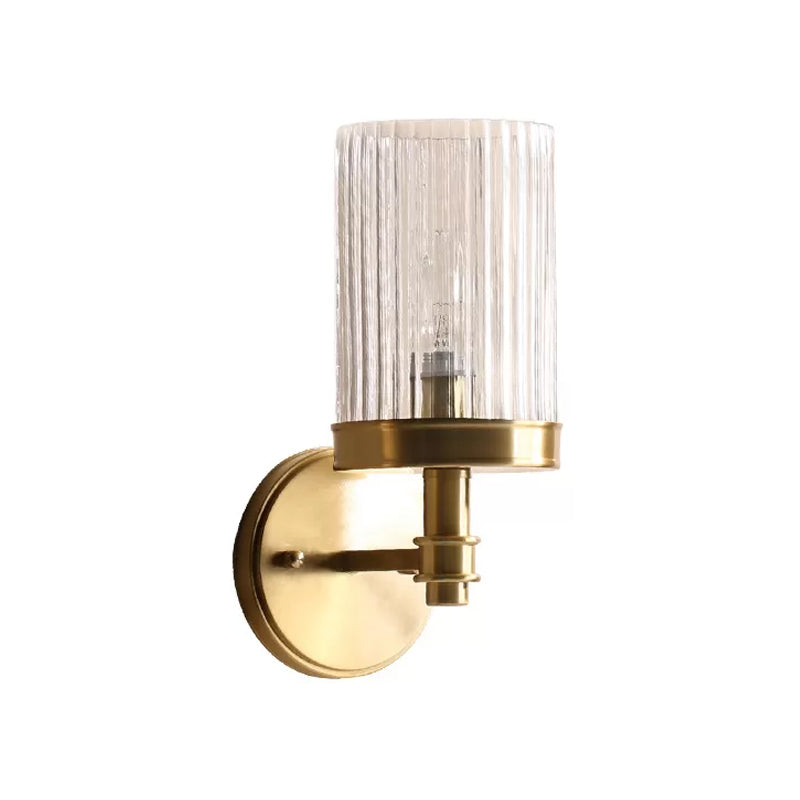 1-Light Wall Mounted Lamp Traditional Cylinder Transparent Glass Sconce Light in Brown/Gold over Bed