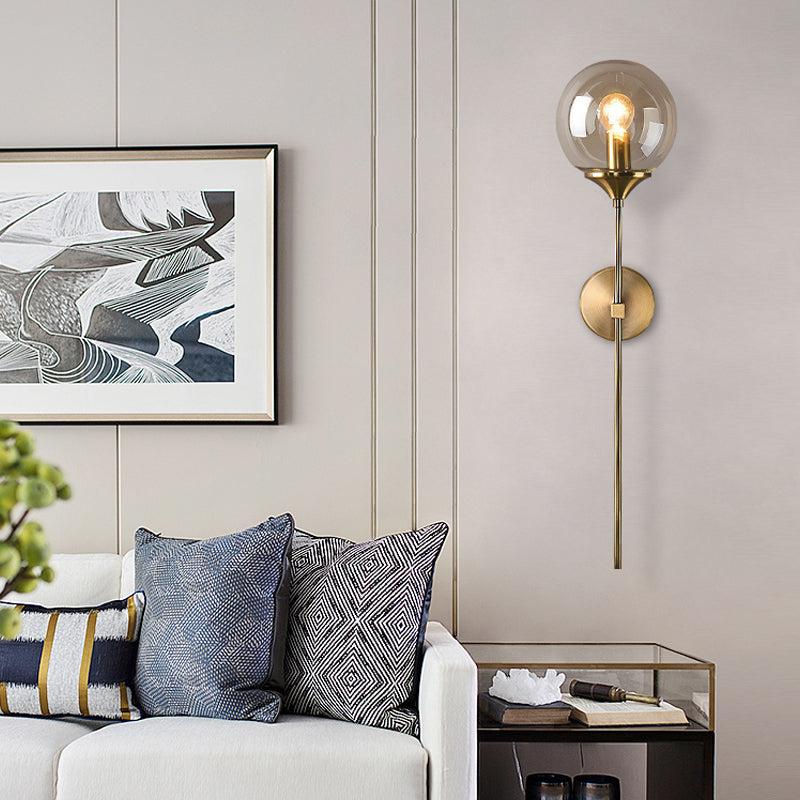 Ball Shade Pencil-Arm Wall Lighting Postmodern Clear/Amber/Smoke Grey Glass Single Brass Wall Mounted Lamp