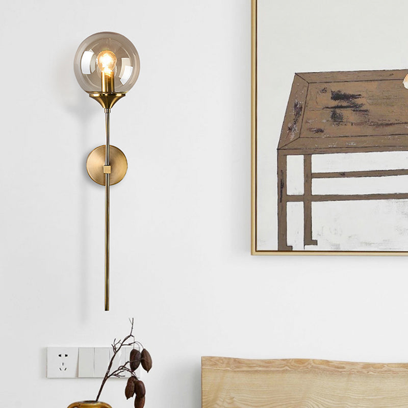 Ball Shade Pencil-Arm Wall Lighting Postmodern Clear/Amber/Smoke Grey Glass Single Brass Wall Mounted Lamp