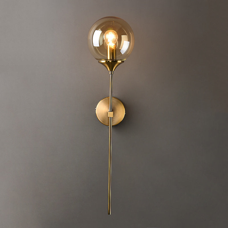 Ball Shade Pencil-Arm Wall Lighting Postmodern Clear/Amber/Smoke Grey Glass Single Brass Wall Mounted Lamp