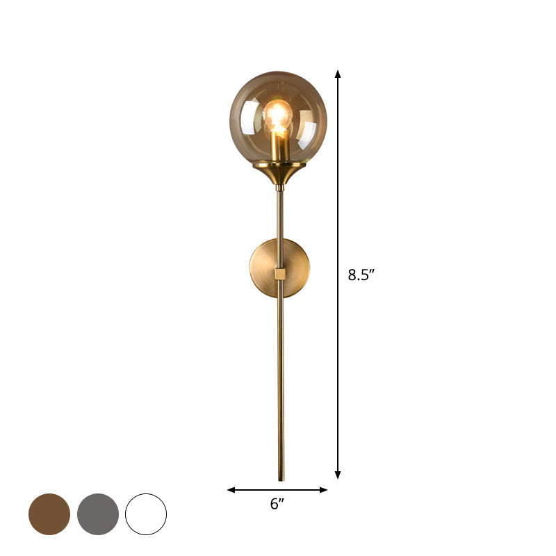 Ball Shade Pencil-Arm Wall Lighting Postmodern Clear/Amber/Smoke Grey Glass Single Brass Wall Mounted Lamp