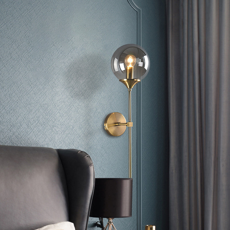Ball Shade Pencil-Arm Wall Lighting Postmodern Clear/Amber/Smoke Grey Glass Single Brass Wall Mounted Lamp