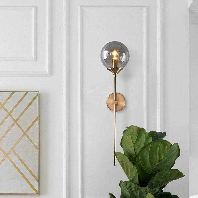 Ball Shade Pencil-Arm Wall Lighting Postmodern Clear/Amber/Smoke Grey Glass Single Brass Wall Mounted Lamp