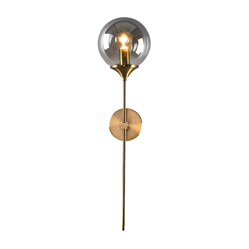 Ball Shade Pencil-Arm Wall Lighting Postmodern Clear/Amber/Smoke Grey Glass Single Brass Wall Mounted Lamp