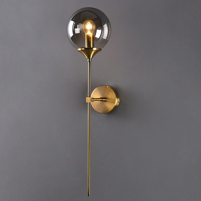 Ball Shade Pencil-Arm Wall Lighting Postmodern Clear/Amber/Smoke Grey Glass Single Brass Wall Mounted Lamp