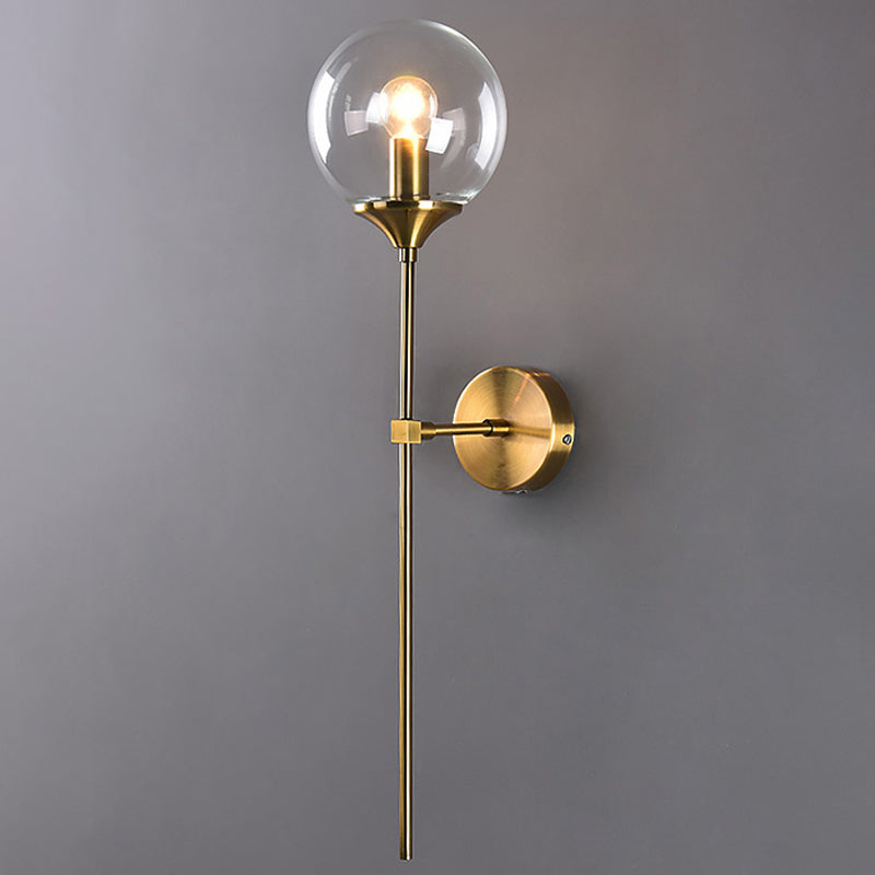 Ball Shade Pencil-Arm Wall Lighting Postmodern Clear/Amber/Smoke Grey Glass Single Brass Wall Mounted Lamp