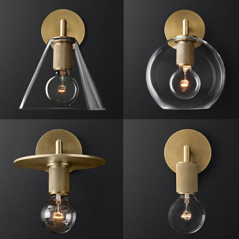 Bronze Armed Wall Sconce Light Postmodern Single Metal/Clear Glass Wall Lamp with/without Disc/Sphere/Cone Shade