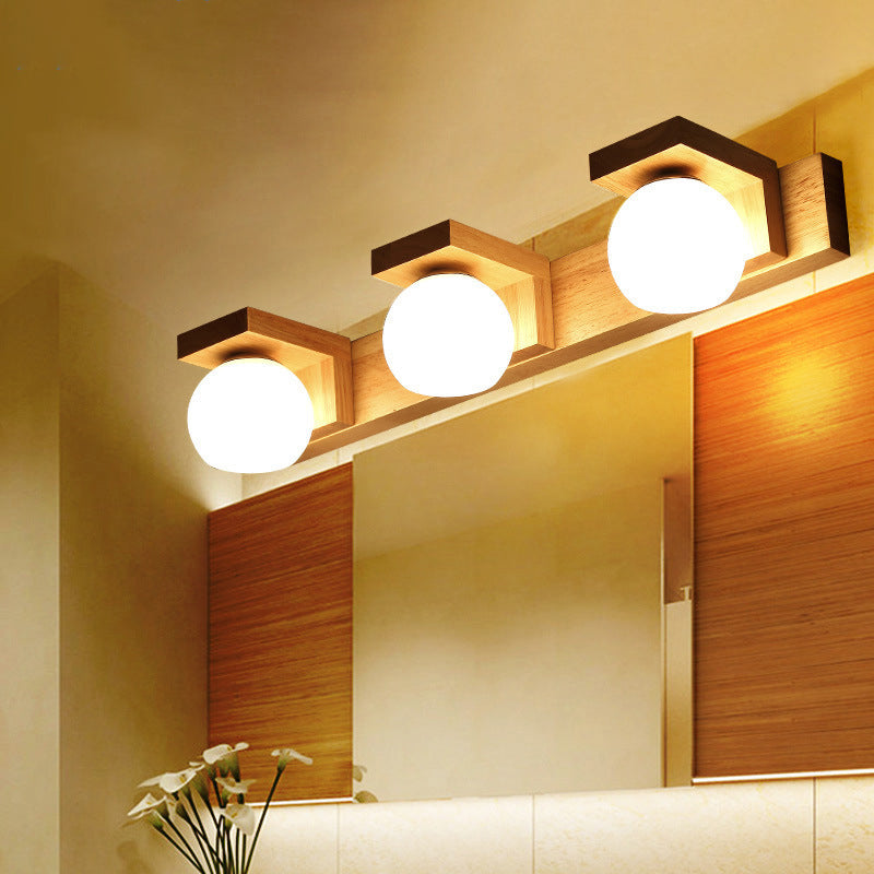 Linear Bathroom Vanity Sconce Wood 2/3 Heads Nordic Wall Mount Lamp with Ball Opal Glass Shade