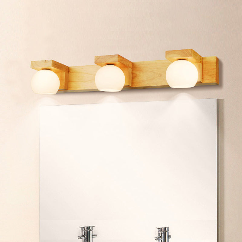 Linear Bathroom Vanity Sconce Wood 2/3 Heads Nordic Wall Mount Lamp with Ball Opal Glass Shade