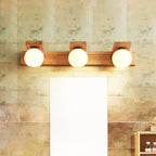 Linear Bathroom Vanity Sconce Wood 2/3 Heads Nordic Wall Mount Lamp with Ball Opal Glass Shade