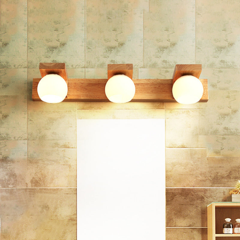 Linear Bathroom Vanity Sconce Wood 2/3 Heads Nordic Wall Mount Lamp with Ball Opal Glass Shade