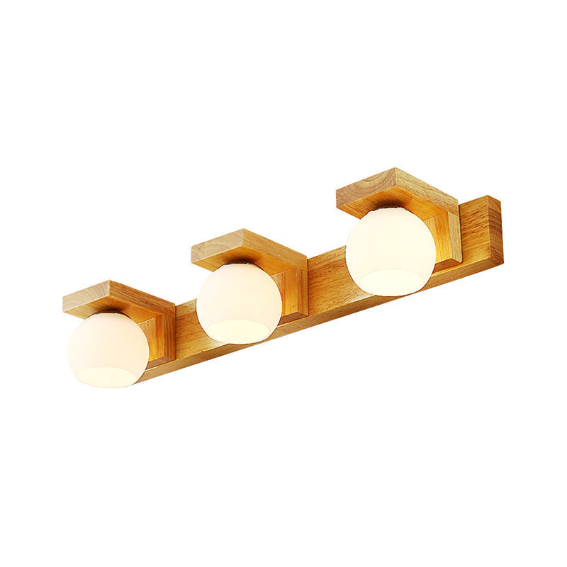 Linear Bathroom Vanity Sconce Wood 2/3 Heads Nordic Wall Mount Lamp with Ball Opal Glass Shade