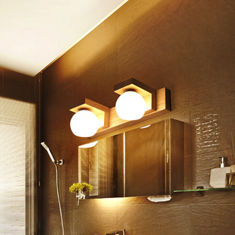 Linear Bathroom Vanity Sconce Wood 2/3 Heads Nordic Wall Mount Lamp with Ball Opal Glass Shade