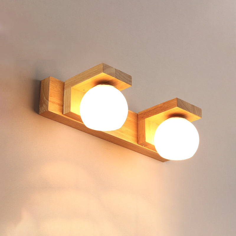 Linear Bathroom Vanity Sconce Wood 2/3 Heads Nordic Wall Mount Lamp with Ball Opal Glass Shade