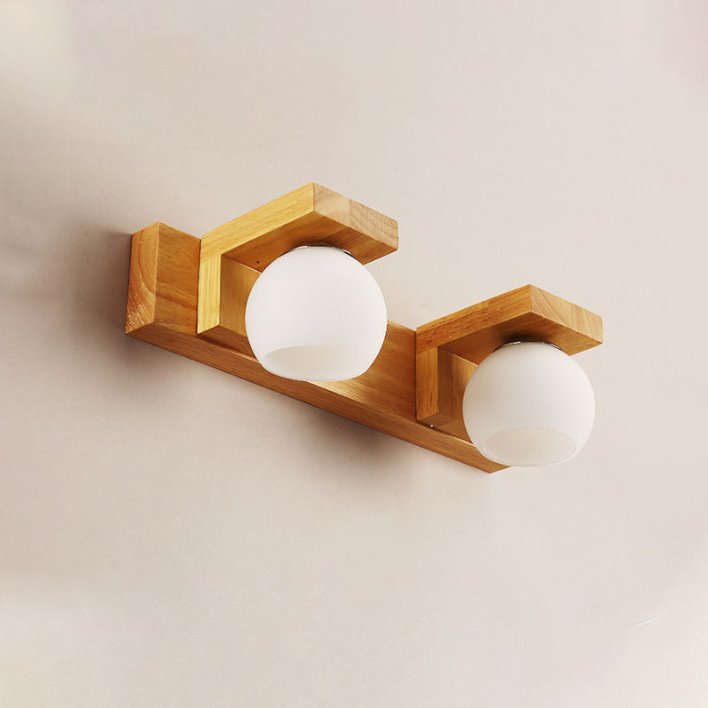 Linear Bathroom Vanity Sconce Wood 2/3 Heads Nordic Wall Mount Lamp with Ball Opal Glass Shade