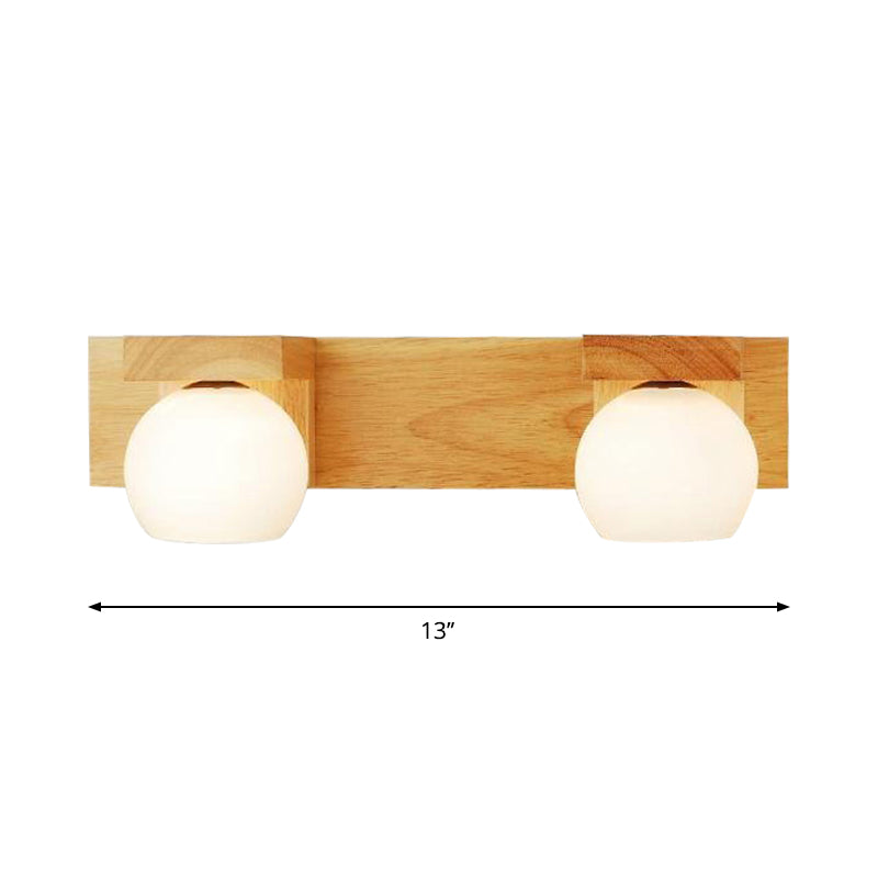 Linear Bathroom Vanity Sconce Wood 2/3 Heads Nordic Wall Mount Lamp with Ball Opal Glass Shade