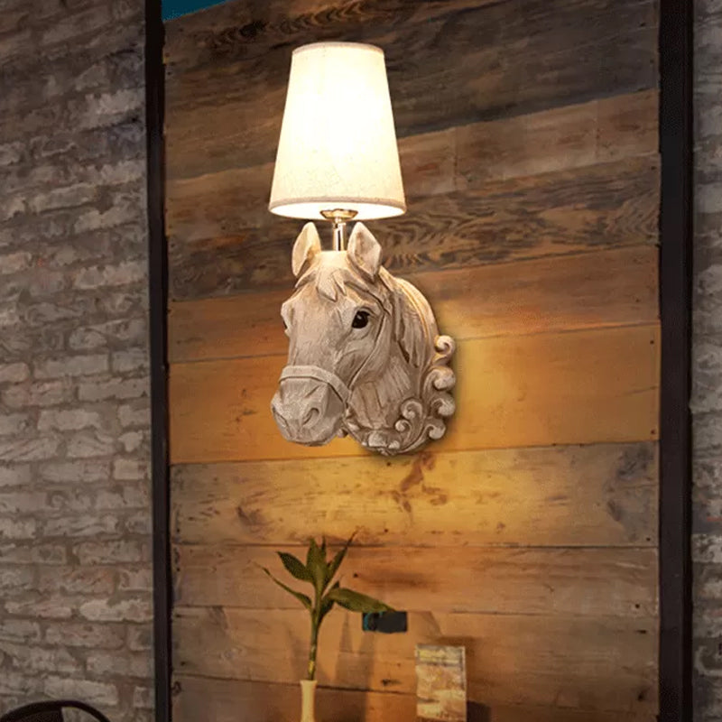 Art Deco Horse Head Wall Sconce Resin 1-Light Restaurant Wall Mounted Light with Cone Shade in Light Brown