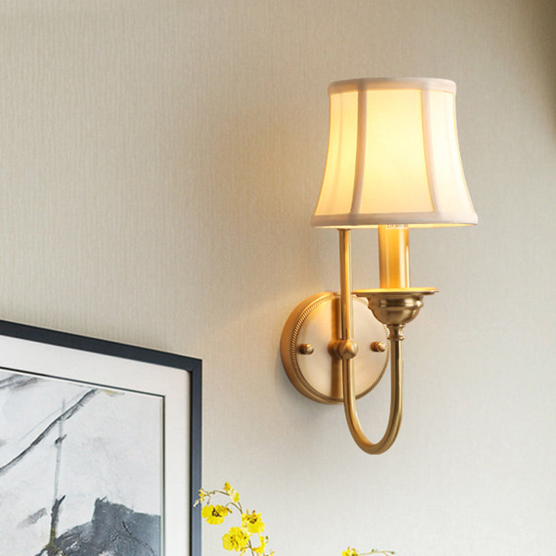 Flared Living Room Wall Lighting Antiqued Fabric 1 Bulb Gold Wall Mounted Lamp with U Shaped Arm