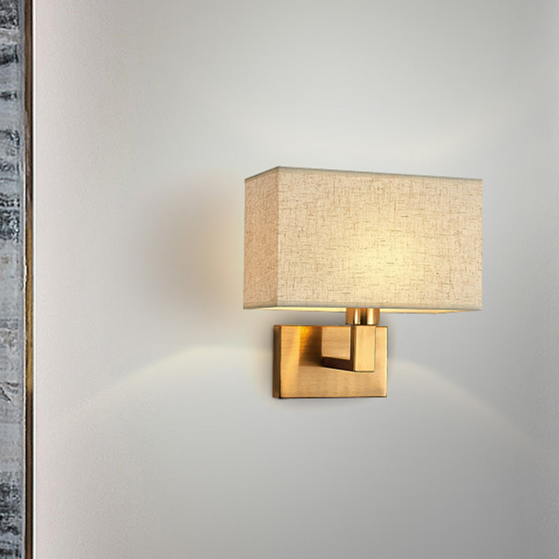 Postmodern Cuboid Sconce Lamp Fabric 1-Light Bedside Reading Wall Light in White/Beige/Brown with Black/Gold Arm