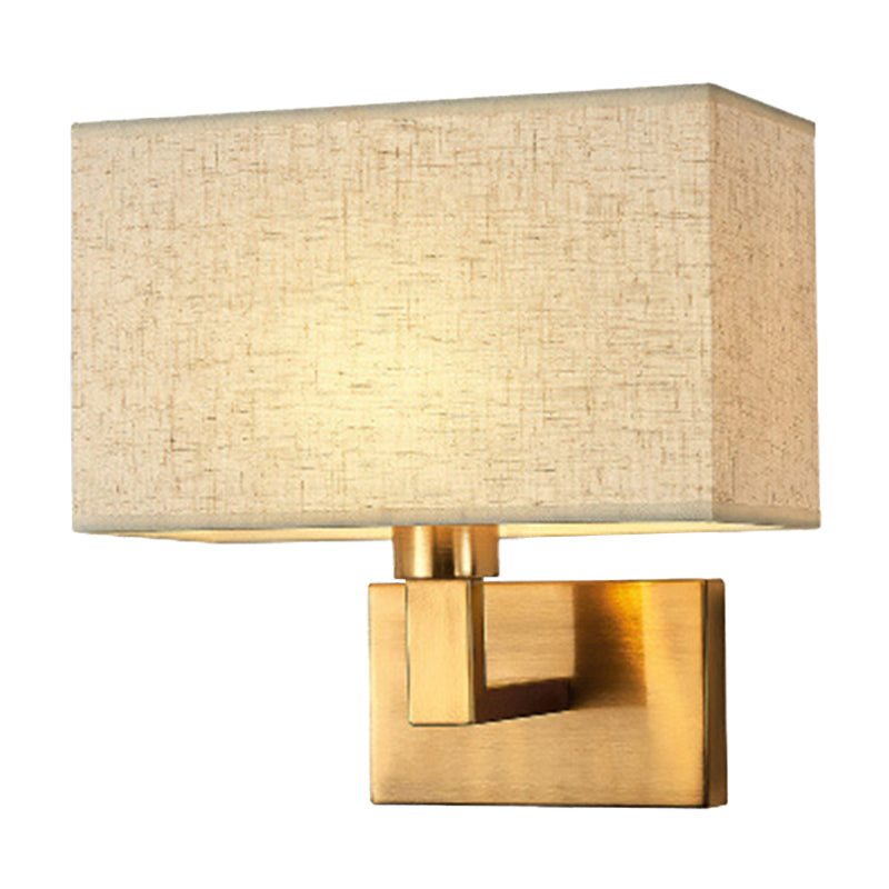 Postmodern Cuboid Sconce Lamp Fabric 1-Light Bedside Reading Wall Light in White/Beige/Brown with Black/Gold Arm