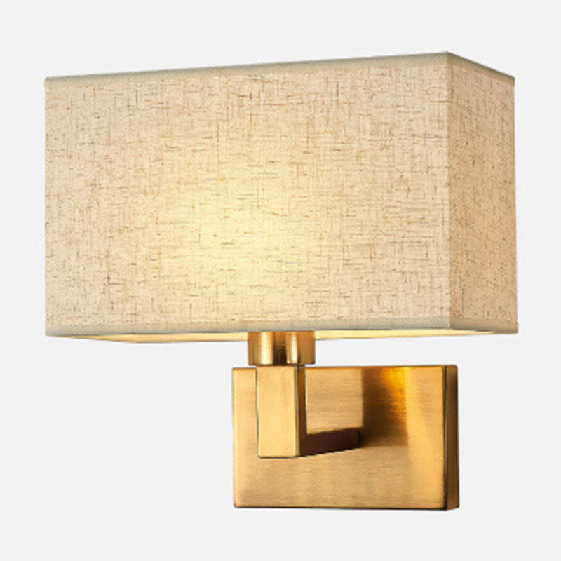 Postmodern Cuboid Sconce Lamp Fabric 1-Light Bedside Reading Wall Light in White/Beige/Brown with Black/Gold Arm