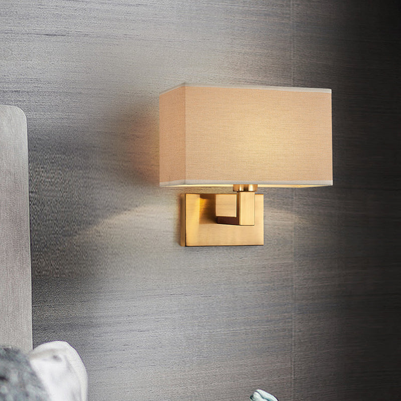 Postmodern Cuboid Sconce Lamp Fabric 1-Light Bedside Reading Wall Light in White/Beige/Brown with Black/Gold Arm