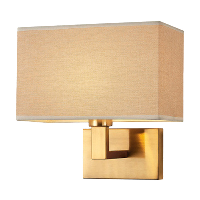 Postmodern Cuboid Sconce Lamp Fabric 1-Light Bedside Reading Wall Light in White/Beige/Brown with Black/Gold Arm