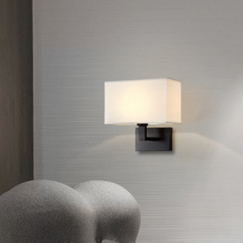 Postmodern Cuboid Sconce Lamp Fabric 1-Light Bedside Reading Wall Light in White/Beige/Brown with Black/Gold Arm