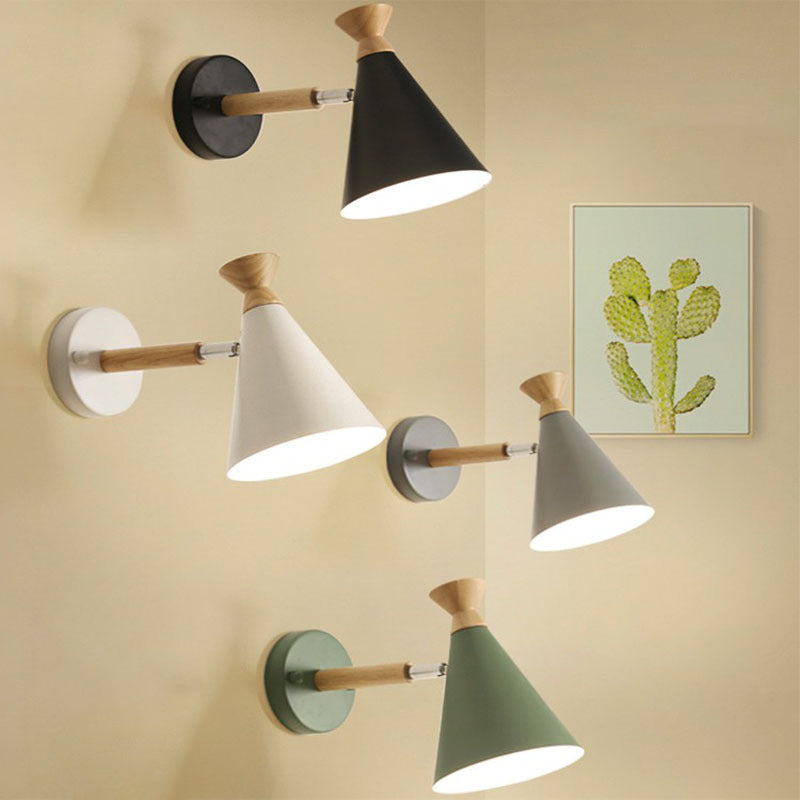 Iron Conical Wall Mounted Lamp Contemporary 1 Bulb Wall Lighting Ideas with Wood Top