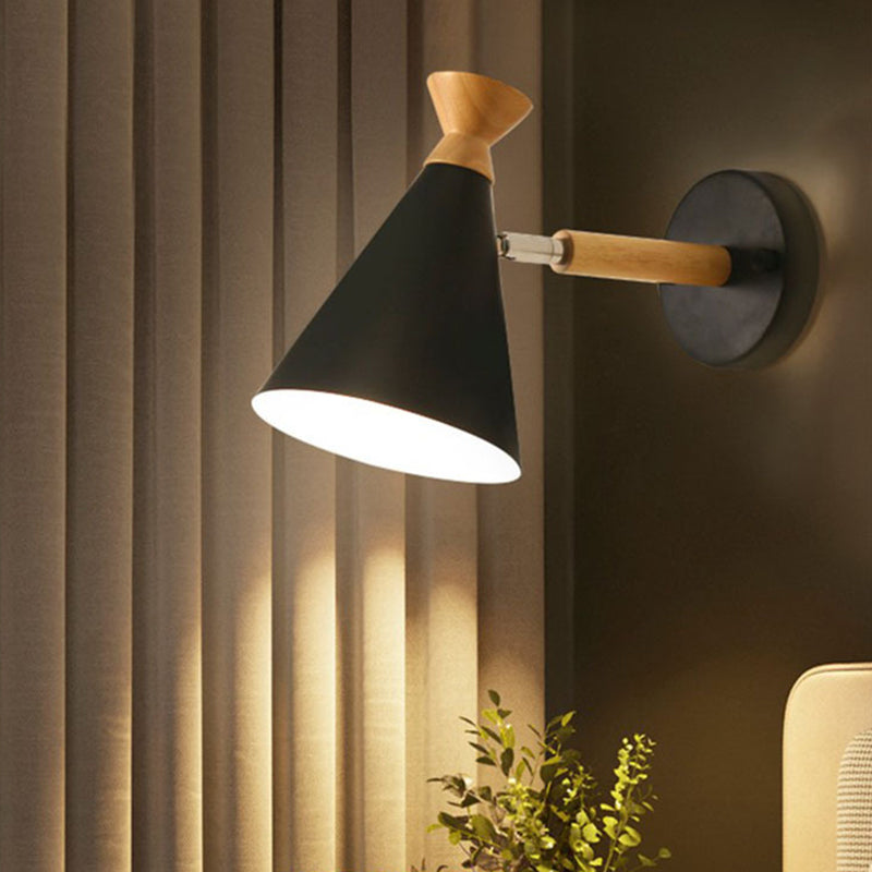Iron Conical Wall Mounted Lamp Contemporary 1 Bulb Wall Lighting Ideas with Wood Top