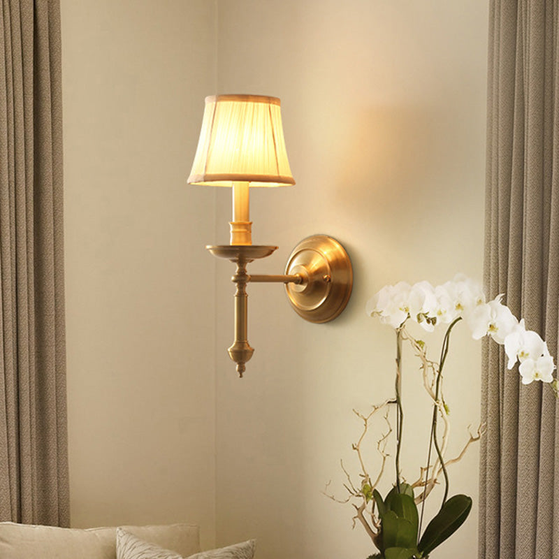Candlestick Living Room Wall Lighting Vintage Metal Single Gold Sconce Light with Empire Fabric Shade