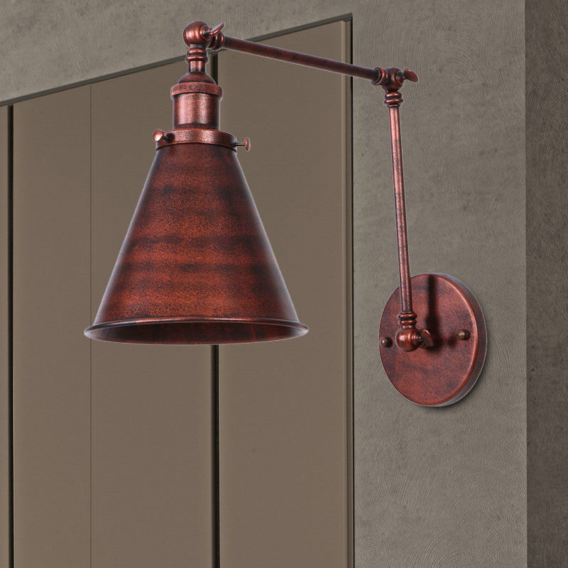 Farmhouse Style Cone Wall Sconce 1 Bulb Iron Wall Lighting Fixture in Black/Rust for Bedroom