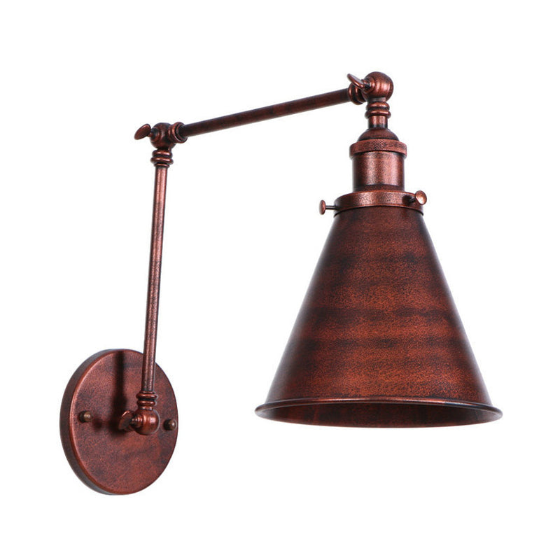 Farmhouse Style Cone Wall Sconce 1 Bulb Iron Wall Lighting Fixture in Black/Rust for Bedroom