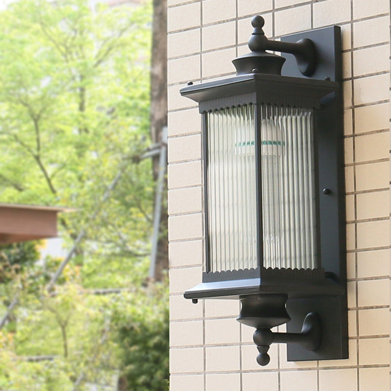 Single-Bulb Wall Mount Light Retro Rectangular Ribbed Glass Wall Lighting for Outdoor