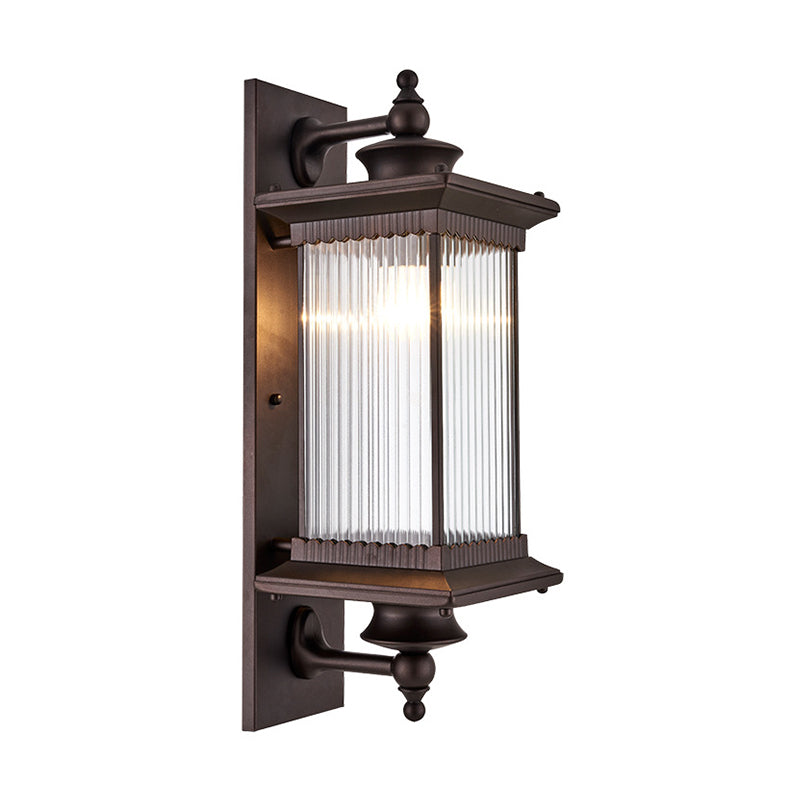 Single-Bulb Wall Mount Light Retro Rectangular Ribbed Glass Wall Lighting for Outdoor