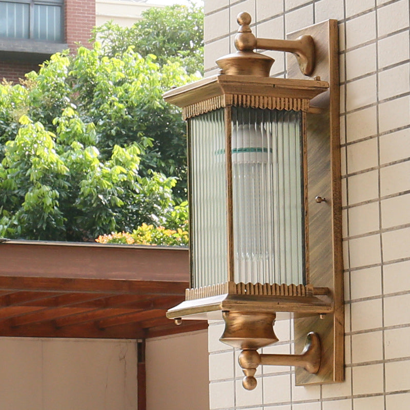 Single-Bulb Wall Mount Light Retro Rectangular Ribbed Glass Wall Lighting for Outdoor
