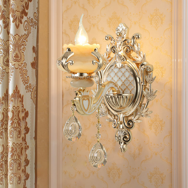 Jade Floral Wall Light Antique Living Room Wall Lighting Fixture with Hanging Crystal in Gold